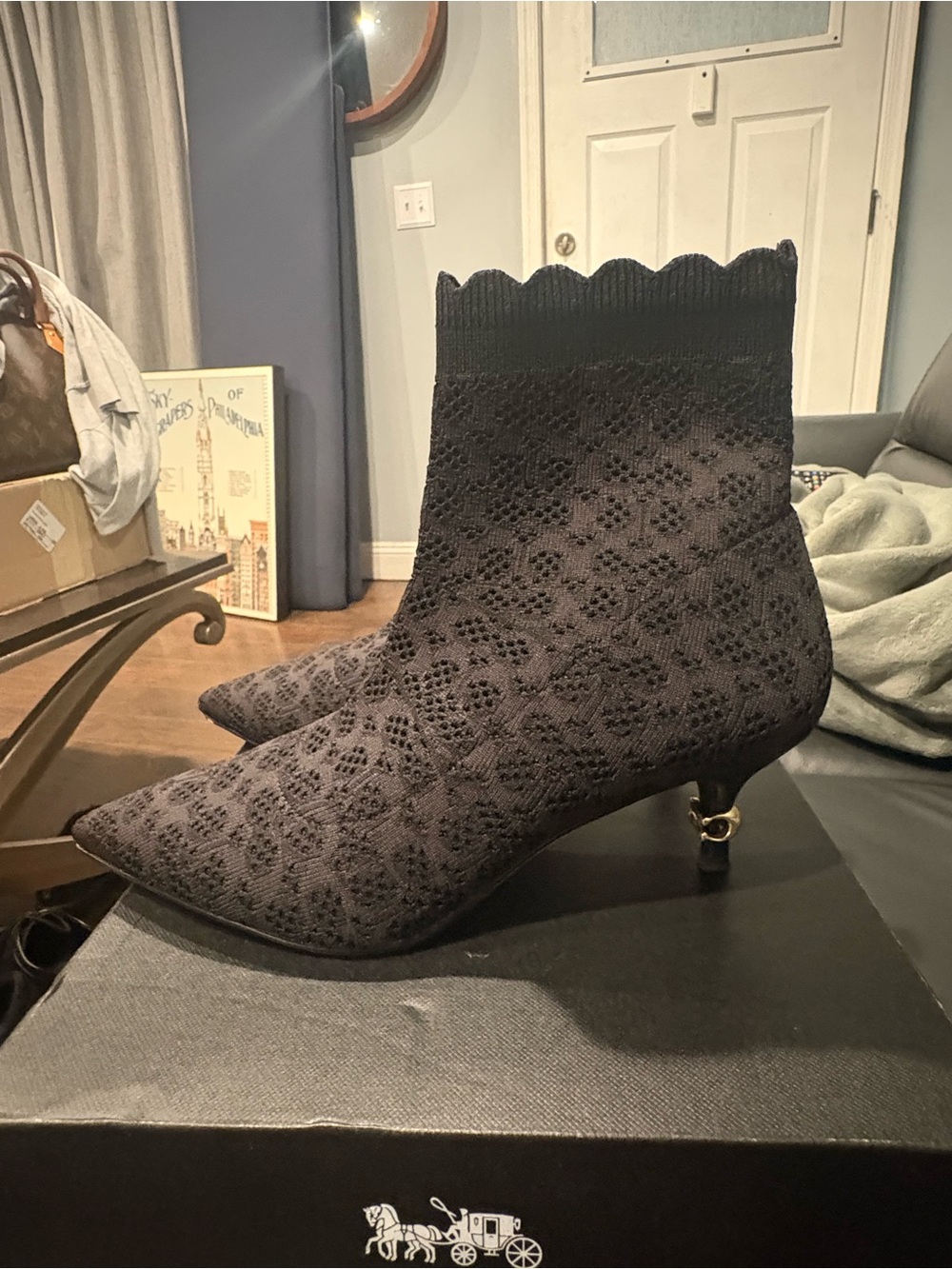 Coach Black Scalloped Knit Pointed-Toe Ankle Booties with Gold Ring Heel